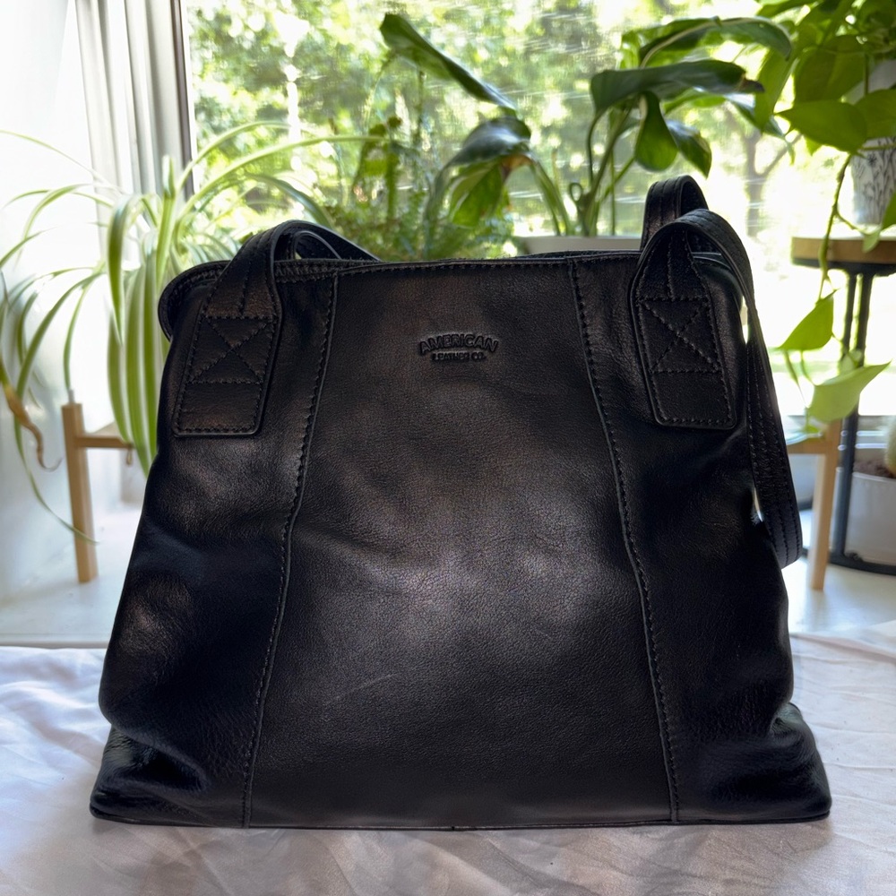 American Leather Company Smooth Black Leather Tote-Style Shoulder Bag